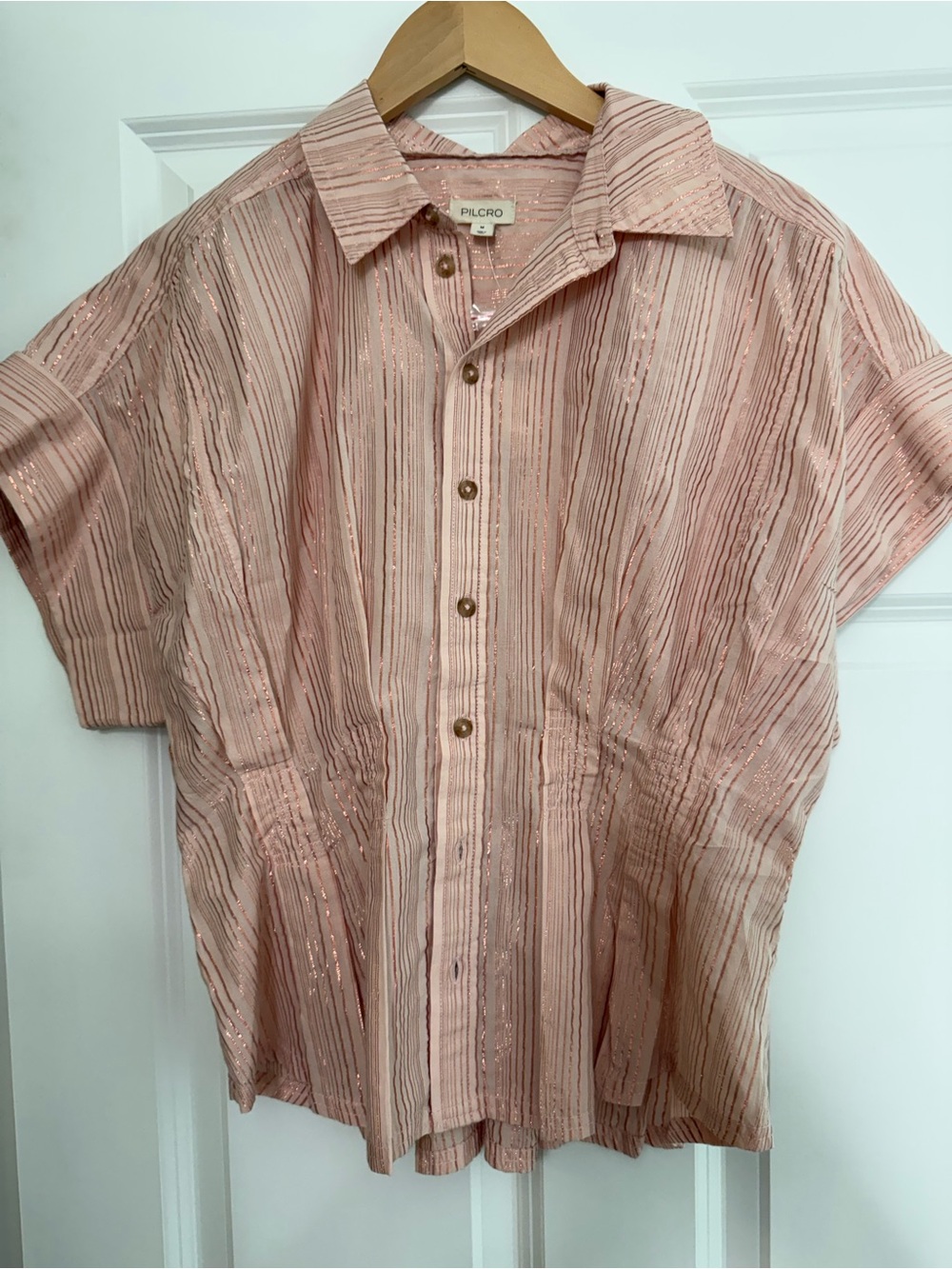 Pilcro Blush Pink Metallic-Striped Short Sleeve Shirt